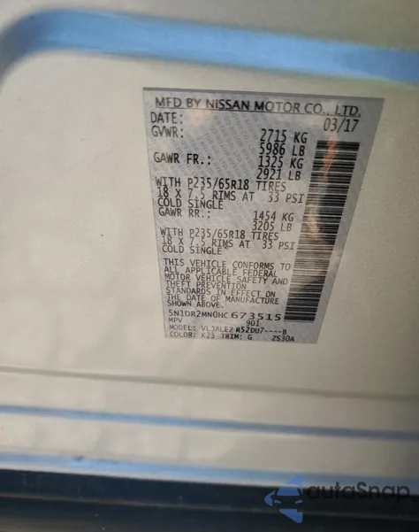 2017 Nissan Pathfinder S z USA, uszkodzony, nr VIN 5N1DR2MN0HC673515